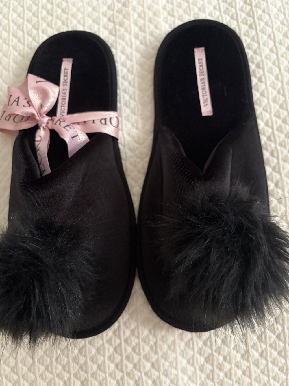 Victoria's Secret Black Velvet Slide Slippers with Pink Ribbon NWT